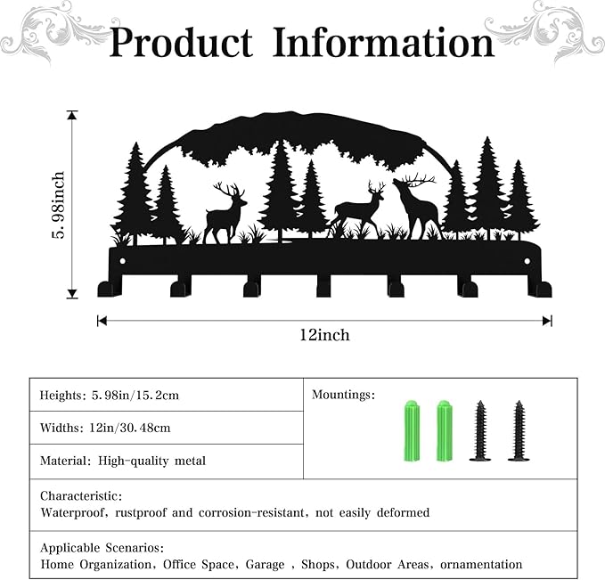 Metal Key Holder, Wall Mounted Key Hooks, Key Holder for Wall, Key Organizer Rack with 7 Hooks, Key Hanger Decor for Kitchen, Entryway, Hallway, Bedroom, Doorway (Deer Grove12IN)