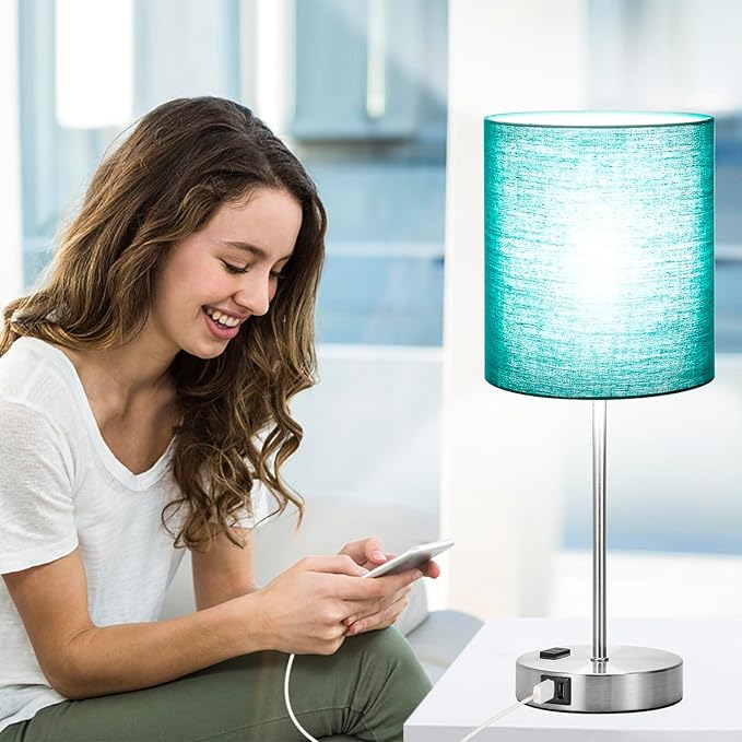 𝟮𝟬𝟮𝟯 𝗡𝗘𝗪 Green Touch Table Lamps Set of 2 with 2 USB & AC Outlet, 3-Way Dimmable Bedside Nightstand Lamps for Bedroom lamps Living Room Nursery, 800 Lumens 5000K Daylight Bulbs Included