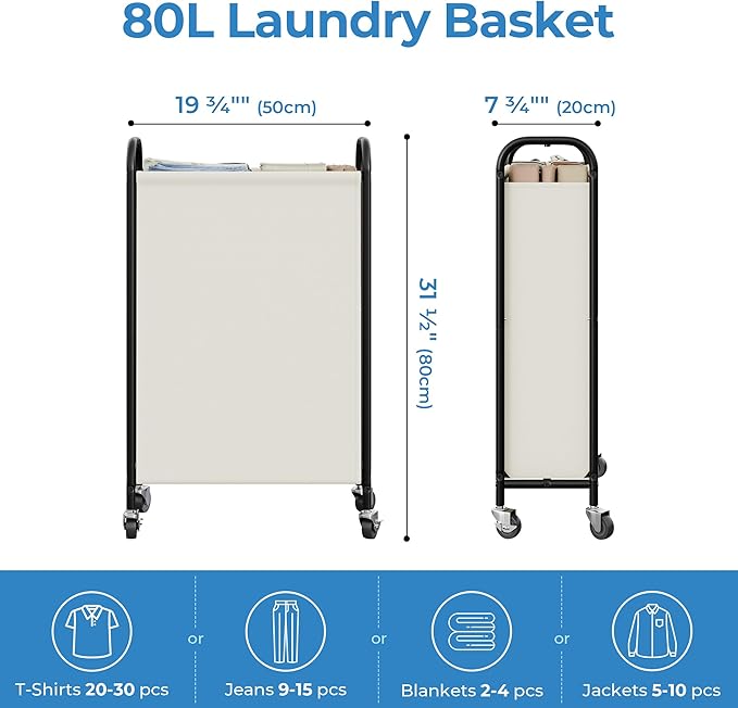 GRANNY SAYS 80L Slim Laundry Hamper with Wheels, Fabric Rolling Laundry Basket, Narrow Clothes Organizer, Tall Hamper for Closet, Laundry Room, Bathroom, Beige