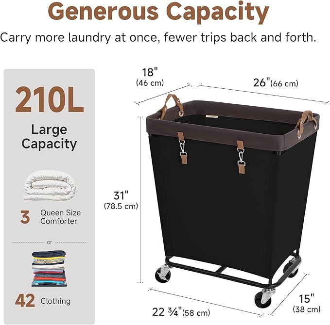 StorageWorks 210L Laundry Basket with Wheels, Extra Large Rolling Hampers for Clothing Organizer, Dirty Clothes Basket for Hotel, Home, Closet, Dorm, Black