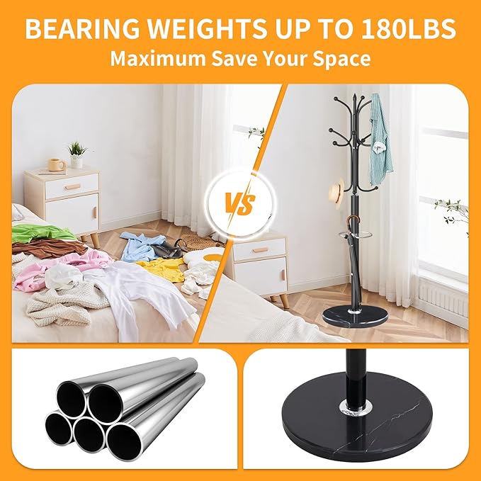 ZOZOE Metal Coat Rack Stand, Modern Coat Rack Freestanding with Natural Marble Base, Sturdy Coat Racks with 12 Hooks & Umbrella Holder,Black Coat Tree Hanger Stand for Bags,Hats,Entryway,Office