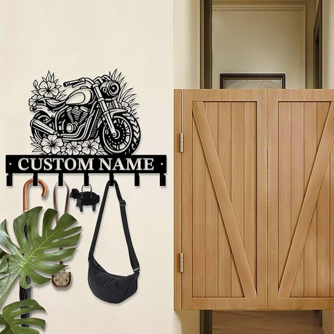 Custom Motorcycle Garage Metal Wall Hooks,Key Holder-Personalized Iron Wall Decor for Keys, Coats & Home (Black, Handmade,Decorative,Entryway, Bedroom,Man Cave) (Style C)