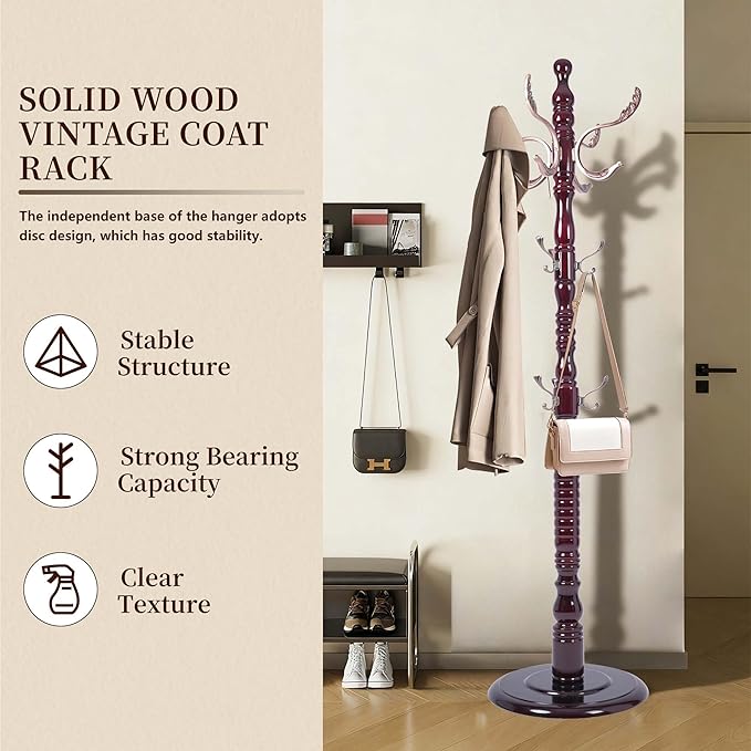 Wooden Coat Rack Freestanding, Vintage Solid Coat Hanger Stand 20 Hooks, Coat Tree Adjustable Height 73", Round Base, Coat Racks free standing for Entryway Hallway, Porch, Bedroom