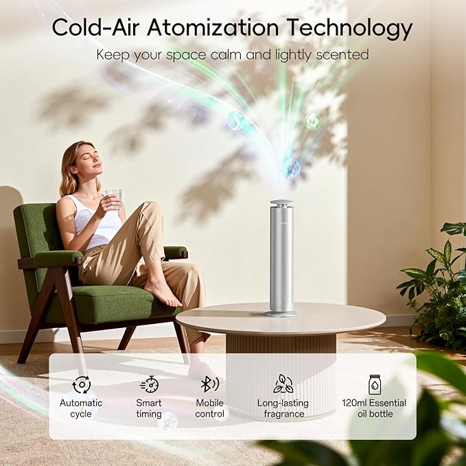 Waterless Scent Diffuser Kit-Include 2x120ml Essential Oils, Essential Oil Diffuser for Home, Hotel & Office, APP&Remote Control, Quiet Operation, Pets and Kids Friendly, Coverage 1000 Sq Ft