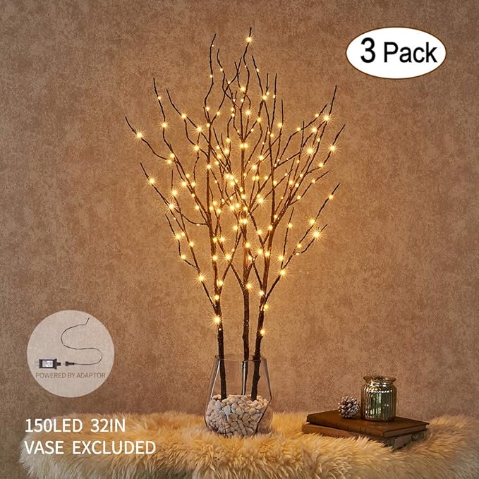 Hairui Lighted Twig Brown Branch with Fairy Lights 32in 150 LED Plug in Lighted Willow Branch for Christmas Wedding Party Decoration 2 Sets (Vase Excluded)