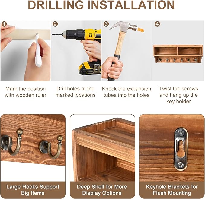 Key Holder Wall Mount - Mail Organizer Wall Mount with 6 Key Hooks and Storage Box for Sunglasses Storage and Dog Leash Holder Home Decor Rack Apartment Essentials Farmhouse Shelf Entryway Organizer