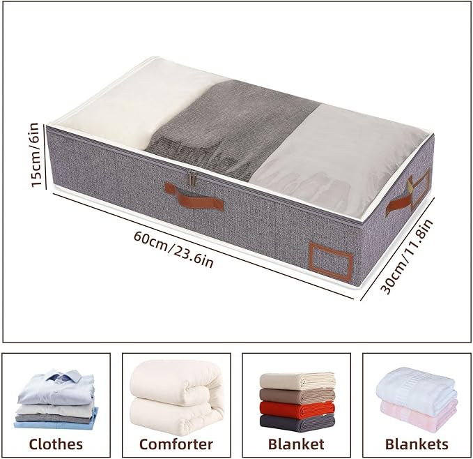 Yawinhe Under Bed Storage, 2 Pack Closet Organizers, Collapsible Container Bags, with Sorting Card Slot and 4 Leather Handles, for Blanket, Bedding, 23.6''Lx11.8''Wx6''H, Grey