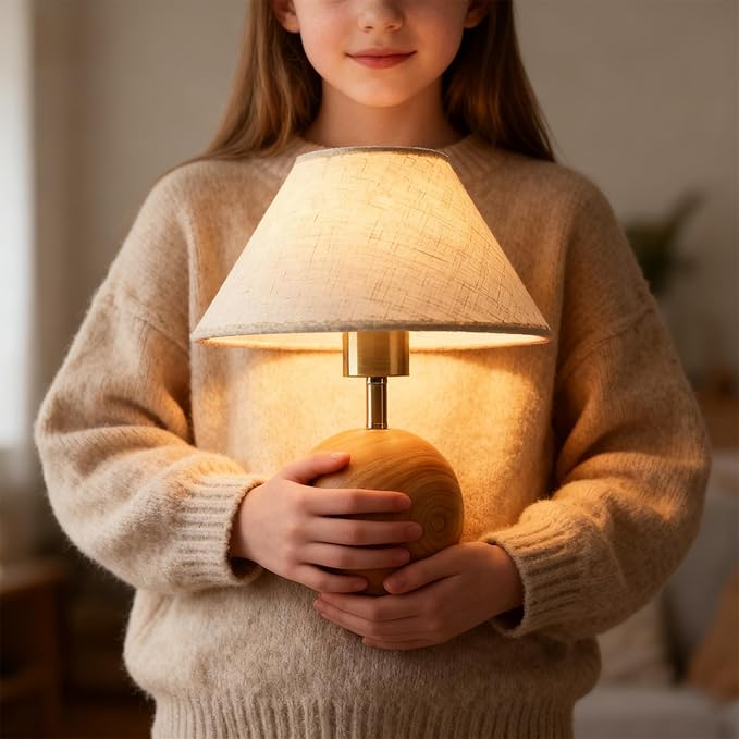 Wood Table Lamp for Bedroom, Flaxen Fabric Shade Small Desk Lamp for Living Room,Décor Ambient Bedside Lamps for Night Stands,LED Bulb (not Included)