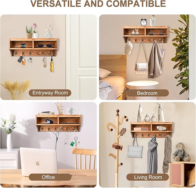 Key Holder Wall Mount - Mail Organizer Wall Mount with 6 Key Hooks and Storage Box for Sunglasses Storage and Dog Leash Holder Home Decor Rack Apartment Essentials Farmhouse Shelf Entryway Organizer