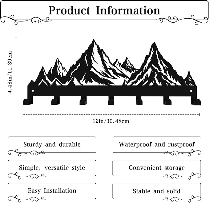 Key Holder Wall Mounted Key Hooks, Black Metal Key Rack Hooks, Mountain Theme Wall Decoration Hooks, with 7 Hooks, Applicable to Front Doors, Lobby,Corridor, Offices (12 ")