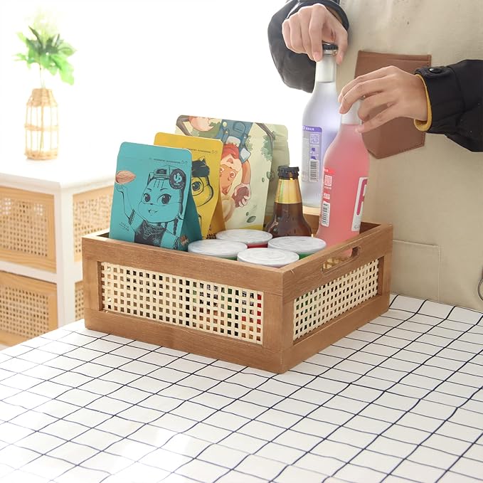YAHUAN Woven Wooden Storage Crate Box, Decorative Rustic Bamboo Basket With Built-In Handles for Kitchen Pantry, Cabinet, Office, Bedroom, Country Decor (Brown)