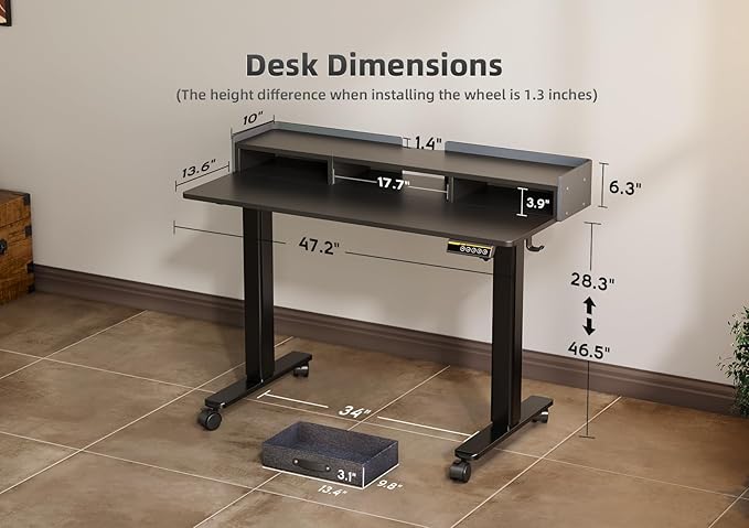 YDN Standing Desk with Drawers, 48 Inch Standing Desk Adjustable Height, Adjustable Electric Stand Up Sit Stand Small with Storage and Shelf, Black