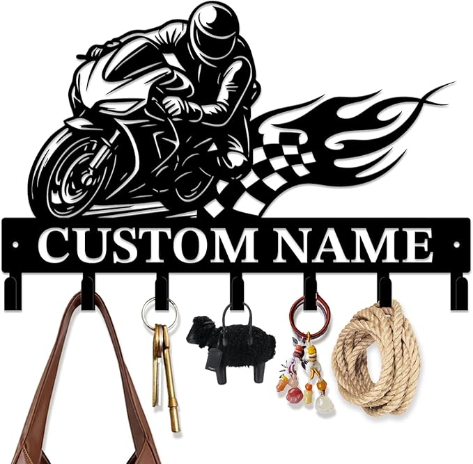 Custom Motorcycle Garage Metal Wall Hooks,Key Holder-Personalized Iron Wall Decor for Keys, Coats & Home(Black, Handmade,Decorative,Entryway, Bedroom,Man Cave) (Style E)