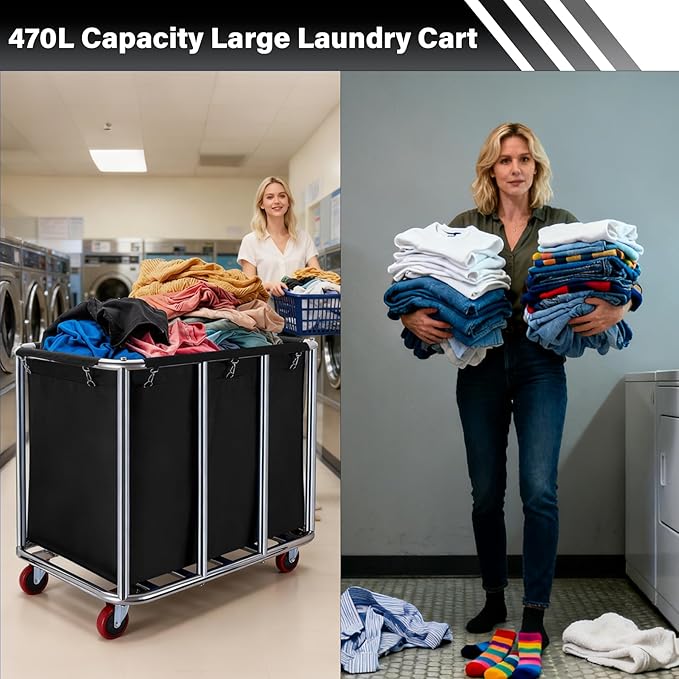 Commercial Laundry Cart with Wheels, 400L Capacity Heavy Duty Large Laundry Basket with Watertight Oxford Bag and Sturdy Steel Frame for Home, Hotel,Hospital,440 lbs(Black)