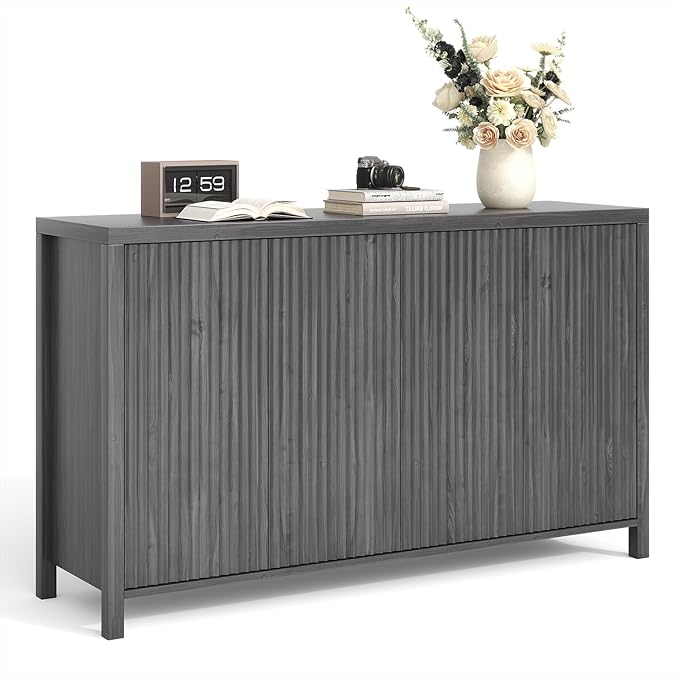 YOUDENOVA Fluted Buffet Cabinet with Storage, Modern Sideboard Cabinets with 4 Doors & Adjustable Shelves, Accent 56” Credenza Storage Cabinet, Wood Entryway Cabinet for Living Room Hallway, Grey
