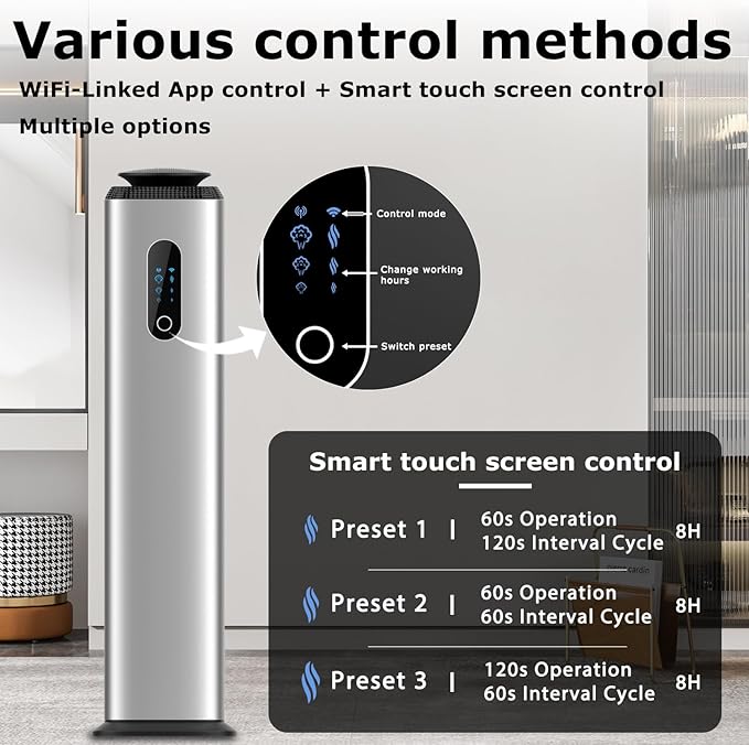 1000ML- Commercial Diffuser Machine Cover 10000 Sq Ft - Tower Hotel Scent Diffuser for Whole House - WiFi App Control -Scent Air Machine & Waterless Essential Oil Diffuser for Large Room - Silver