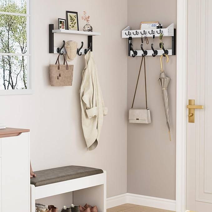 Evermagin 35" Coat Rack Wall Mount with Shelf, 4 in 1 Coat and Key Hanger with 13 Metal Hooks, Entryway Wall Mounted Shelf with Mail Holder for Living Room, Bedroom, White