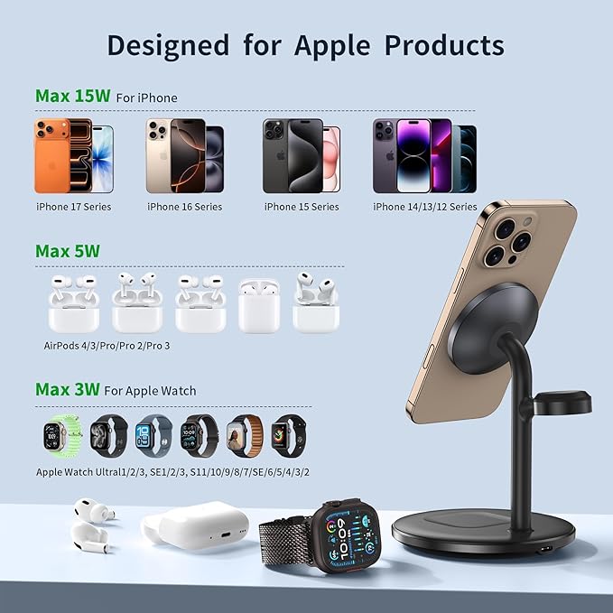 XooFly 3 in 1 Wireless Charging Station for Apple Devices, Fast Wireless Mag-Safe Charger Stand with 20W Adapter for iPhone 17/16 15 14 13 12 Pro Max/Pro/Plus/Air/Mini, iWatch, AirPods (Black)