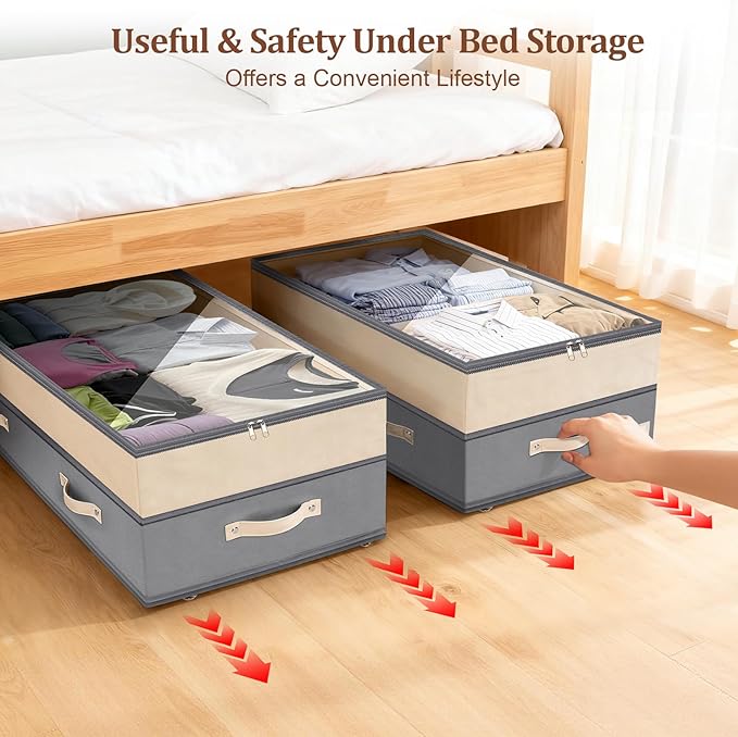 Dolicer 2 Pack Under Bed Storage with Wheels, 6in-10in Height Adjustable Underbed Storage Containers, 92L XXXL Under Bed Drawers Rolling Bin with Clear Lids for Dorm Shoes Clothes Organizers(Grey)