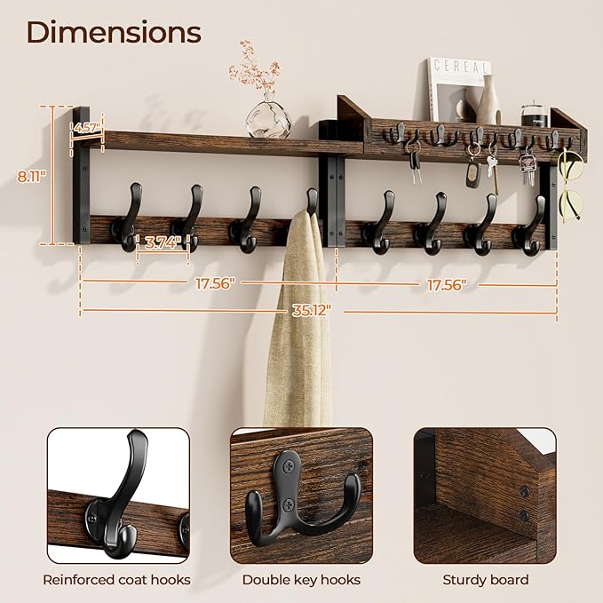 Evermagin 35" Coat Rack Wall Mount with Shelf, 4 in 1 Coat and Key Hanger with 13 Metal Hooks, Entryway Wall Mounted Shelf with Mail Holder for Living Room, Bedroom, Rustic Brown