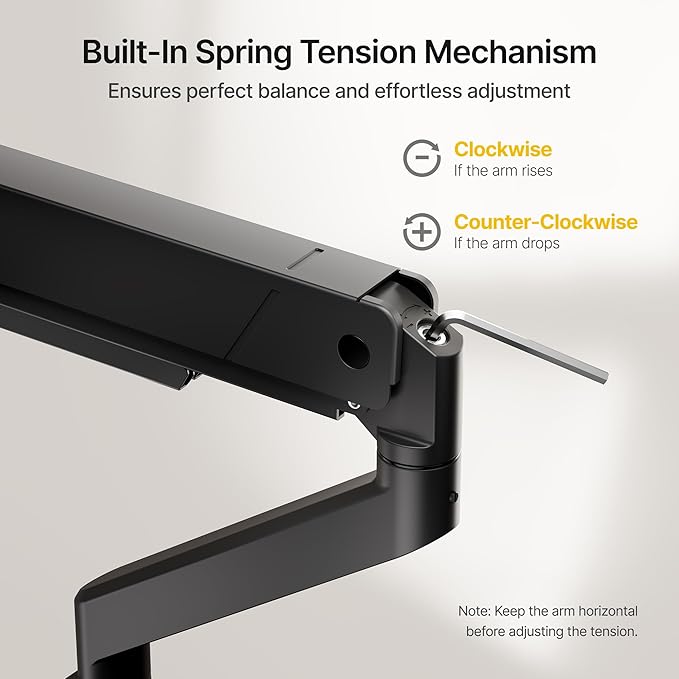 monTEK Tall Single Monitor Arm for 17 to 45 Inch Curved Screen Adjustable Upgraded Heavy Duty Ultrawide Monitor Arm Holds 35 Lbs Cable Management with C Clamp, Grommet Base, VESA 75/100mm, MA1007PBK