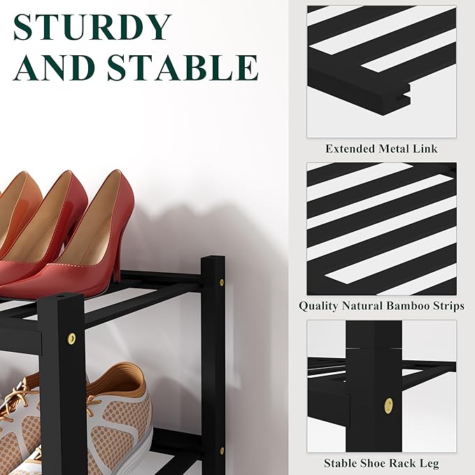 Smiry Bamboo Shoe Rack for Closet, 5 Tier Long Wooden Stackable Shoe Organizer, Free Standing Shoes Storage Shelf for Entryway, Front Door Entrance, Black