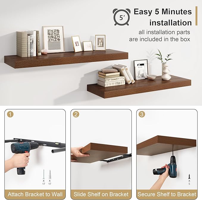 Heimlove Walnut Bathroom Shelf Floating Shelves for Over Toilet Long Wall Mounted Modern Farmhouse,48 x 12 with Invisible Brackets for Living Room, Kitchen, Bedroom