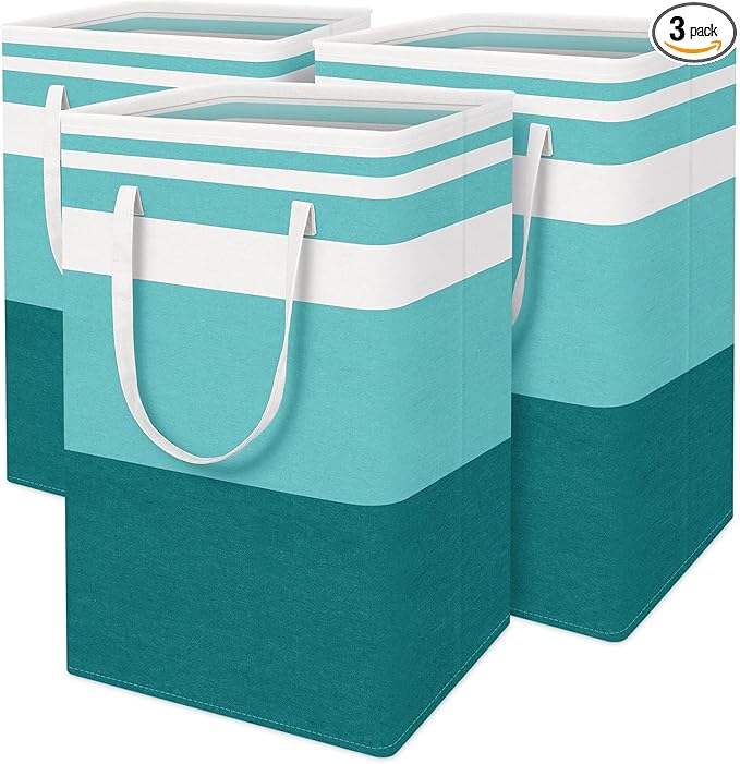 BlissTotes 3-Pack Laundry Basket, Freestanding＆Waterproof Laundry Hamper, Collapsible Tall Clothes Hamper with Easy Carry Handles for Clothes, Towels in the Family and Dorm,Gradient Green,75L