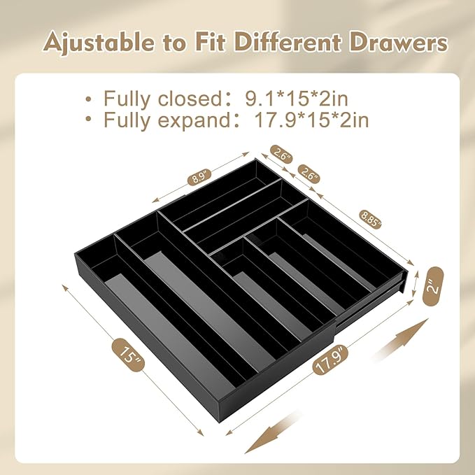 1 Pcs Acrylic Drawer Organizer 9'' up to 18'' x 15'' x 2'' Expandable Drawer Organizer Pens Notebook Ruler Makeup Tray with 7 Adjustable Compartments for Desk Office Kitchen Bathroom(Black)