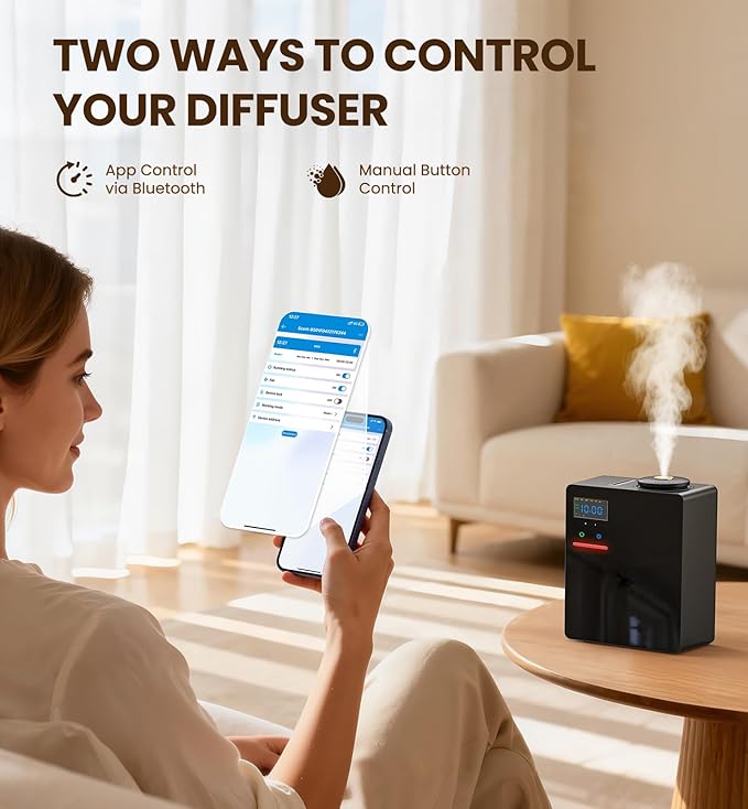 Waterless Essential Oil Diffuser 5000 Sq.Ft Coverage for Large Home, Hotel, or Office, 200ml Cold Air Scent Diffuser Machine with Bluetooth App Control, Quiet No-Heat HVAC Fragrance Diffuser