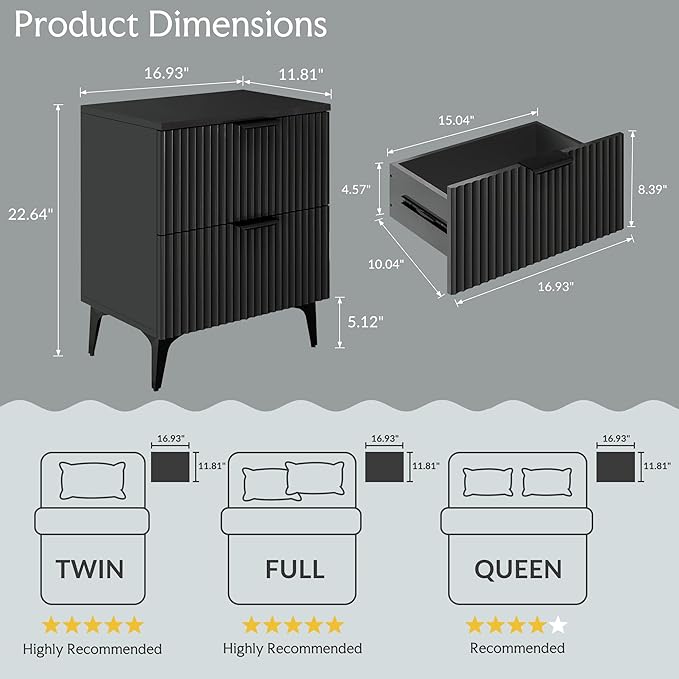 Wood Night Stand Set 2 Fluted Dresser for Bedroom 2 Drawers End Tables Nightstands Set of 2, Storage Modern Bedside Table Set of 2, Black Nightstand