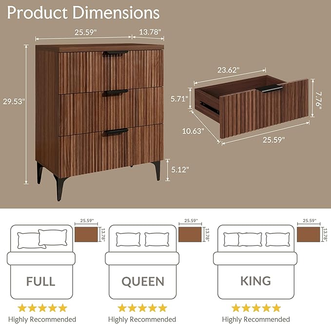Wood Night Stand Set Fluted Dresser for Bedroom 3 Drawers End Tables Nightstand, Storage Modern Side Table Natural Walnut Bedside Table