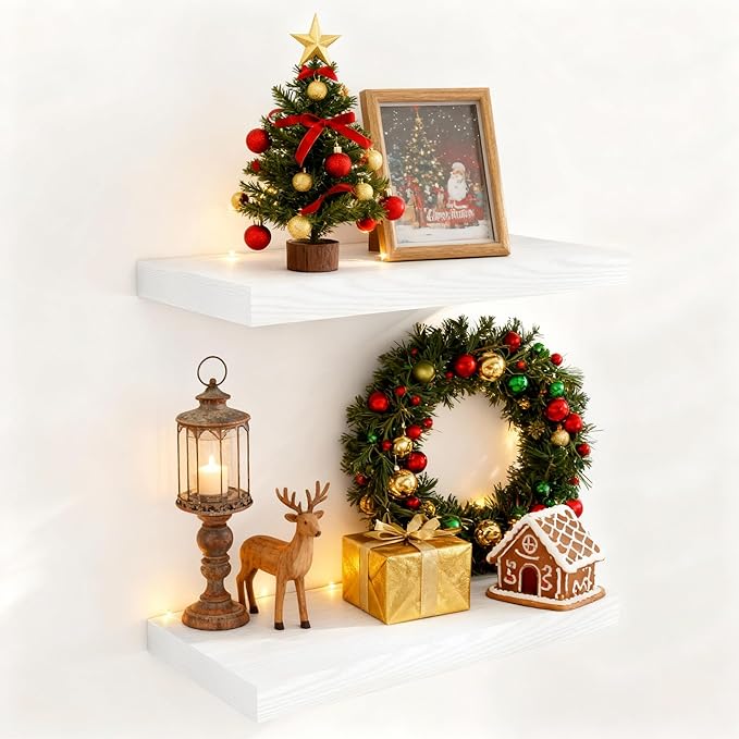 White Floating Shelves for Wall, 16 Inch Wall-Mounted Bathroom Shelves Set of 2, Rustic Wood Floating Shelf for Kitchen|Bedroom, 9.3 Inch Deep Shelf Invisible Brackets for Books|Storage|Decor