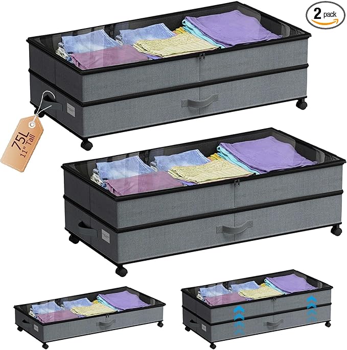 Under Bed Storage with Wheels, 90L XXL Underbed Storage with Wheels Large, 11" Tall Dorm Adjustable Shoe Organizer Under Bed Containers Bins with Lid for Clothes, Shoes, Blankets, Books, Grey