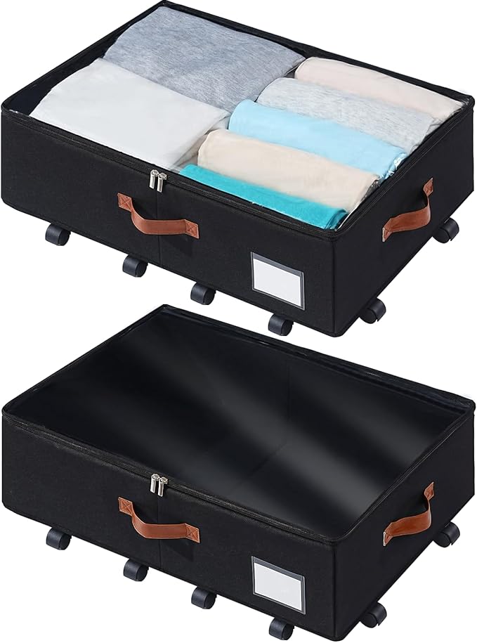 Under Bed Storage Organizer with Wheels, Underbed Container with Clear Lid Cover, Storage Bag Box with Visiable Window for Clothes, Bedsheet, Pillow, 2 Pack，7.5 inches