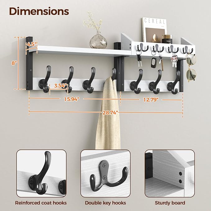 Evermagin 29" Coat Rack Wall Mount with Shelf, 4 in 1 Coat and Key Hanger with 11 Metal Hooks, Entryway Wall Mounted Shelf with Mail Holder for Living Room, Bedroom, White