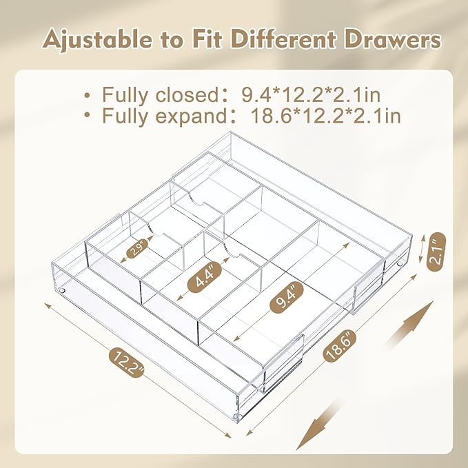 1 Pcs Acrylic Desk Drawer Organizer 2 Inch Height Expandable Drawer Organizer Trays with Adjustable Compartments Desk Accessories for Makeup Silverware Office Bathroom(Clear, Classic)