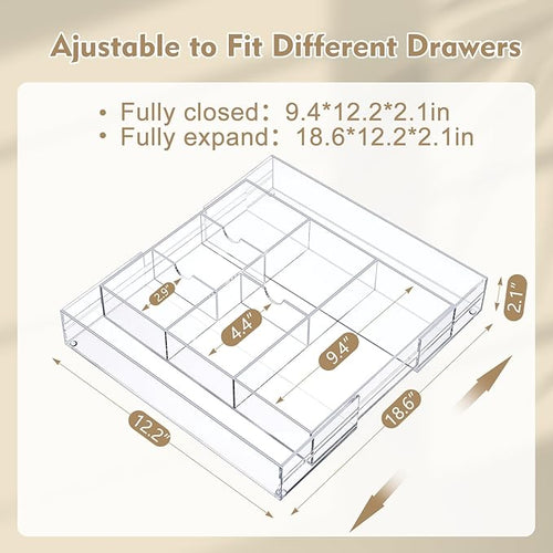 1 Pcs Acrylic Desk Drawer Organizer 2 Inch Height Expandable Drawer Organizer Trays with Adjustable Compartments Desk Accessories for Makeup Silverware Office Bathroom(Clear, Classic)