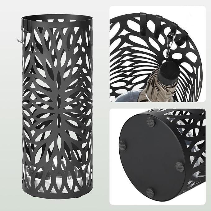 SONGMICS Umbrella Stand, Umbrella Holder for Entryway, Steel Round Umbrella Rack Freestanding, for Canes Walking Sticks, with a Detachable Drip Tray, 2 Long and 2 Short Hooks, Matte Black ULUC022B01
