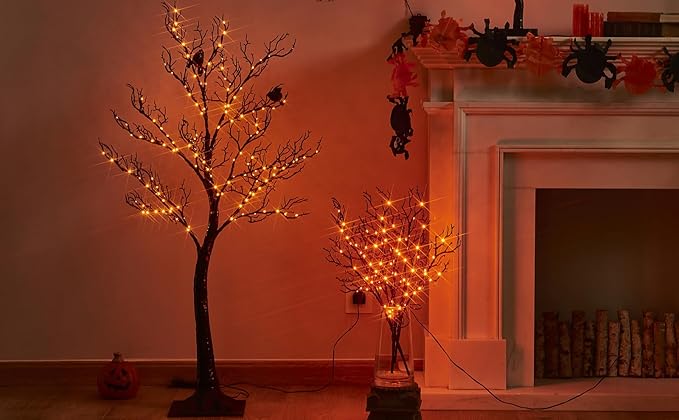 Birchlitland Halloween Tree with Lights 150 Orange Fairy Lights, 4TF Tell Black Glittered Tree Lights Pull in for Indoor and Outdoor Halloween Party Decoration