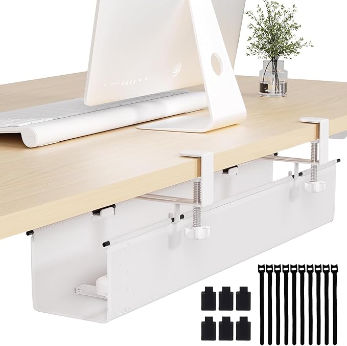 Under Desk Cable Management Tray 27.2" - No Drill Computer Wire Organizer Cable Tray, Cord Hider Clamp Mount with 16X Cable Ties PC Cables Management Cord Holder for Office/Home (Upgrade Fabric,White)