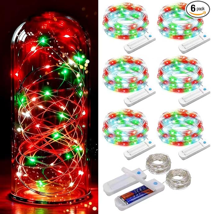 ZNYCYE 6 Pack Fairy Lights Battery Operated, 8.2 Ft 50 LED With Timer, 8 Modes Christmas Lights, Waterproof for Indoor Wedding Decorations (Red Green White)