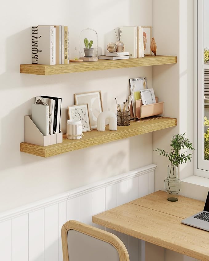 Marsmiles 30" Floating Shelves for Wall, Wooden Shelves with Invisible Brackets Set of 2, Rustic Farmhouse Wall Mounted Shelf for Kitchen Bathroom Living Room Study, Natural Oak