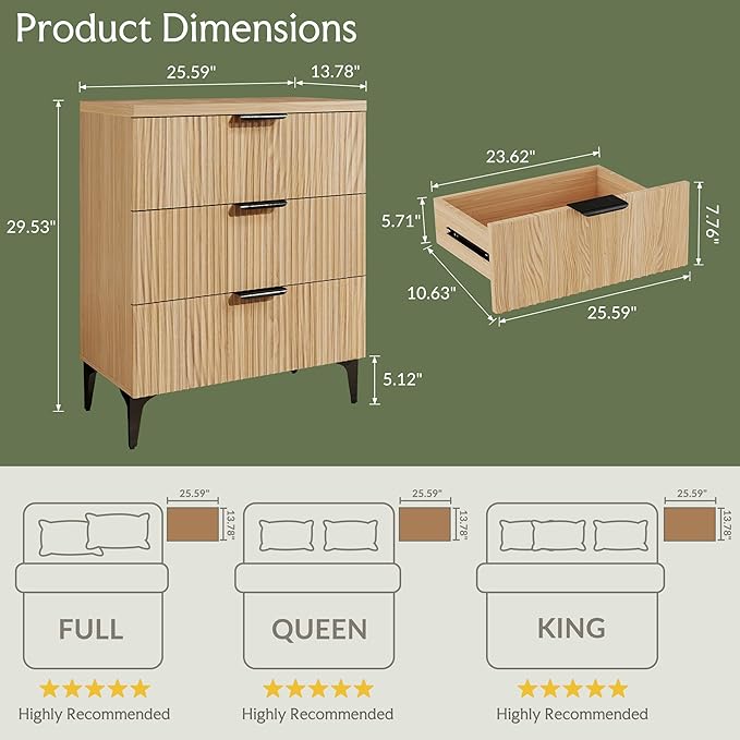 Wood Night Stand Set Fluted Dresser for Bedroom 3 Drawers End Tables Nightstand, Storage Modern Side Table Natural Wood Bedside Table