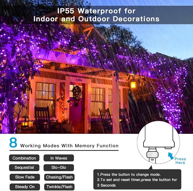 AmyHomie Purple Christmas Lights, 108Ft 300LED Halloween String Lights, 8 Modes Waterproof Fairy Lights for Outdoor & Indoor Home Patio Garden Party Wedding Decor