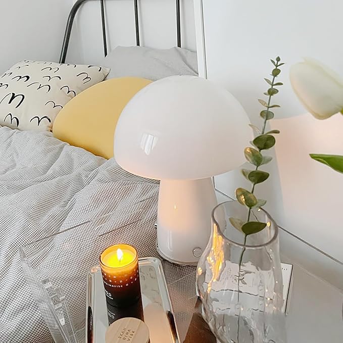White Small Mushroom Table Lamp,3000K Warm Light Glass Desk Lighting,Bauhaus Decorative Nightstand Lamp,Vintage Style Table Light for Living Room Office