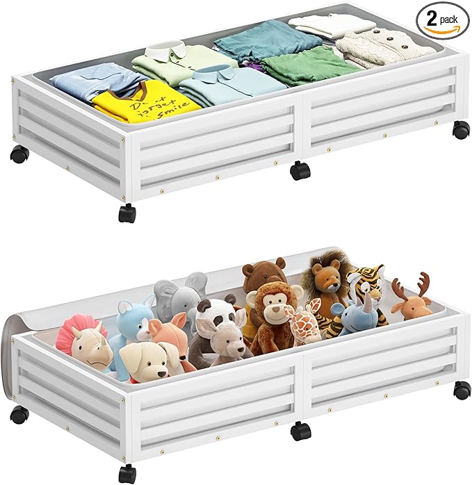 Wisuce Bamboo Under Bed Storage Containers- Underbed Organizer with Wheels with Large Dust Bag,Sturdy Wood Rolling Under the Bed Shoe Storage Organizer Drawer 2 Packs (White, Long)