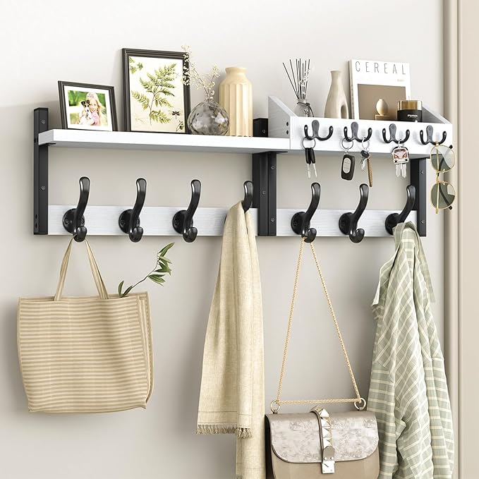 Evermagin 29" Coat Rack Wall Mount with Shelf, 4 in 1 Coat and Key Hanger with 11 Metal Hooks, Entryway Wall Mounted Shelf with Mail Holder for Living Room, Bedroom, White