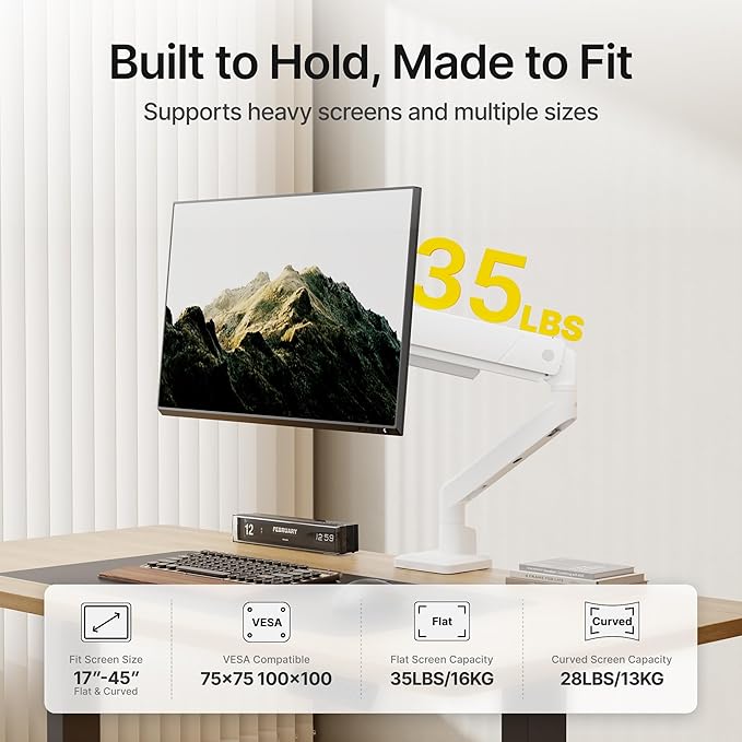 monTEK Single Monitor Arm for Max 45 Inch Ultrawide Screens Adjustable Monitor Desk Mount Holds 35 Lbs Cable Management with C Clamp/Grommet Desk Mount, VESA 75/100mm, MA1007WH