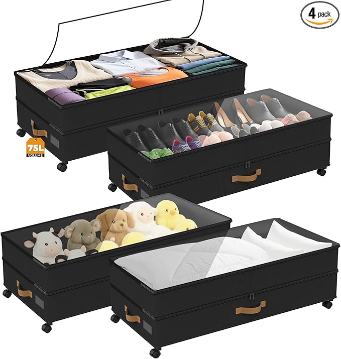 Under Bed Storage with Wheels 4-Pack, 75L XXL Under the Bed Storage Containers Large, 12" Tall Adjustable Storage for Underbed with Lids, Rolling for Shoes, Clothes, Blankets (4PCS-Black)